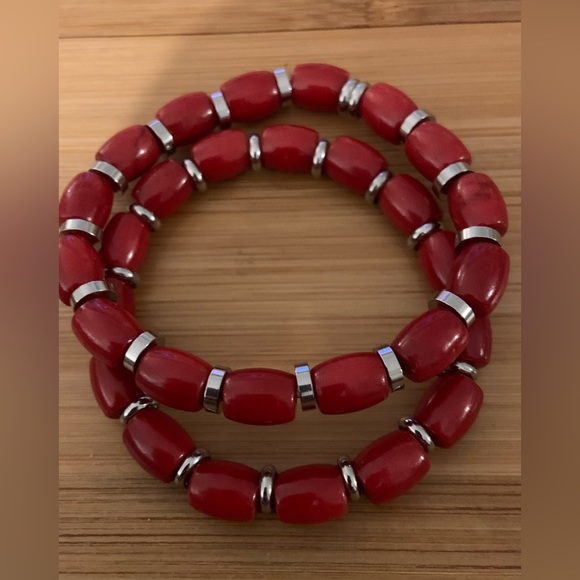 Pair of Red coral stretch bracelets with stainless steel accents throughout.New! - Picture 2 of 2